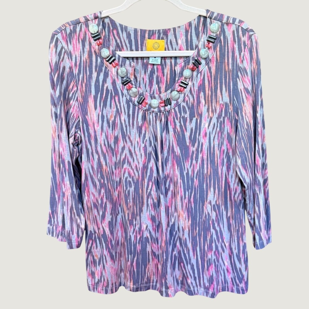 Ruby Rd Womens Pink Grey Abstract Ikat Beaded Neckline 3/4 Sleeve Top Size M